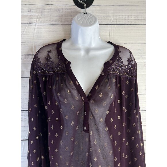 Bila Top Women XXL Burgundy Sheer Popover V Neck Long Sleeve Beaded Embroidered - Picture 4 of 14